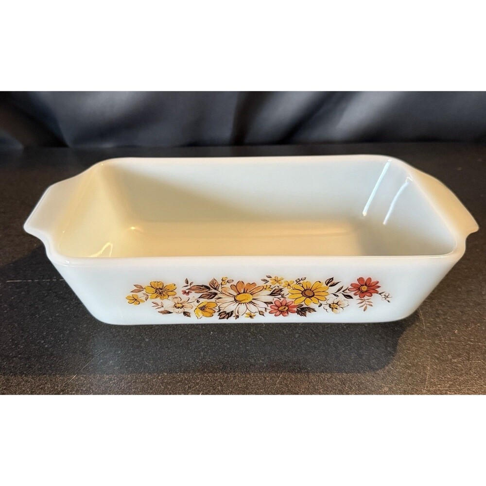 VTG Anchor Hocking 441 Loaf Pan White Glass Autumn Daisies USA Cottagecore MCM